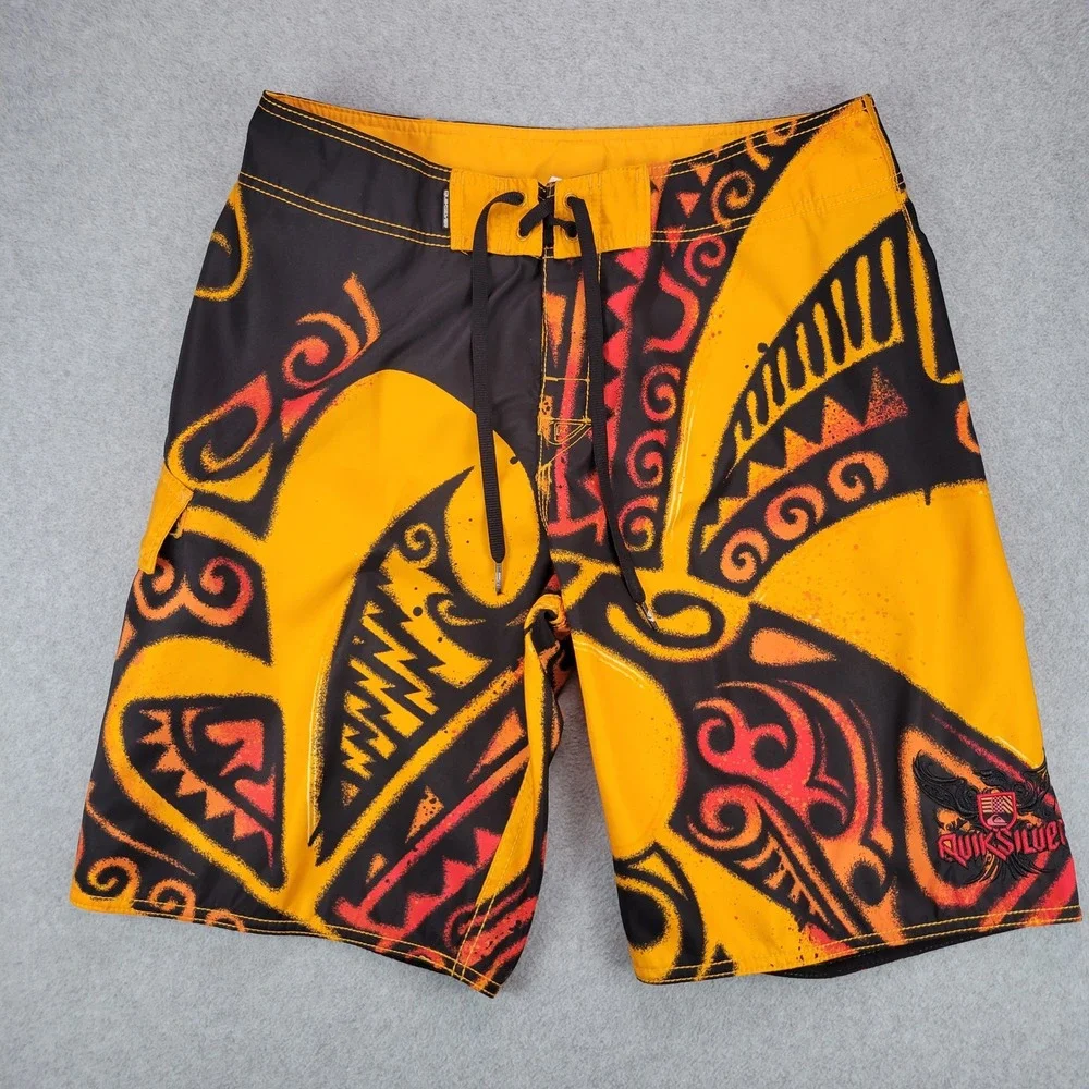 Quiksilver Board Shorts Mens 32 Orange Black Tribal Print Y2K A101762